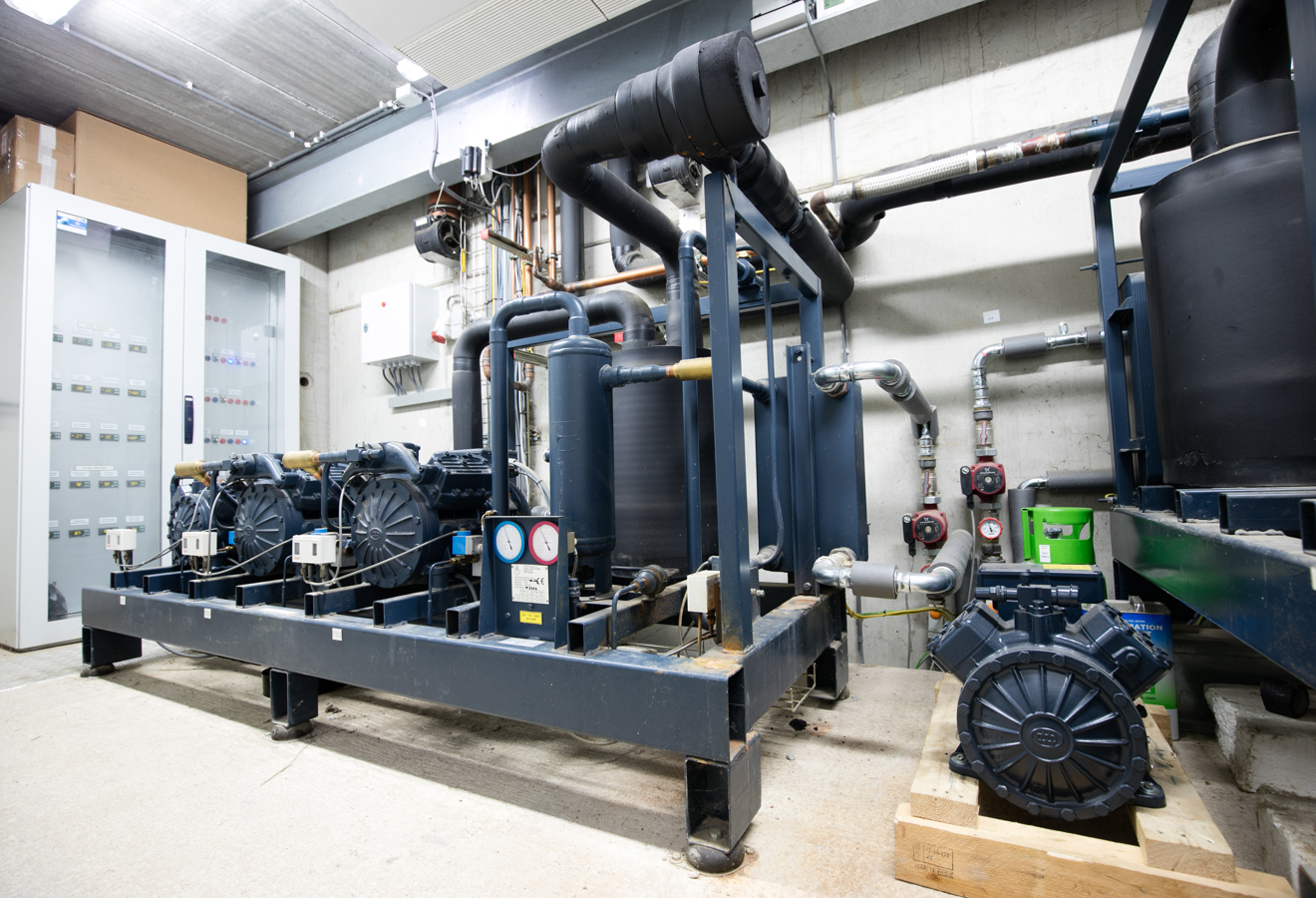 Detailansicht einer Industriekälteanlage mit Kompressoren und Rohrleitungen.